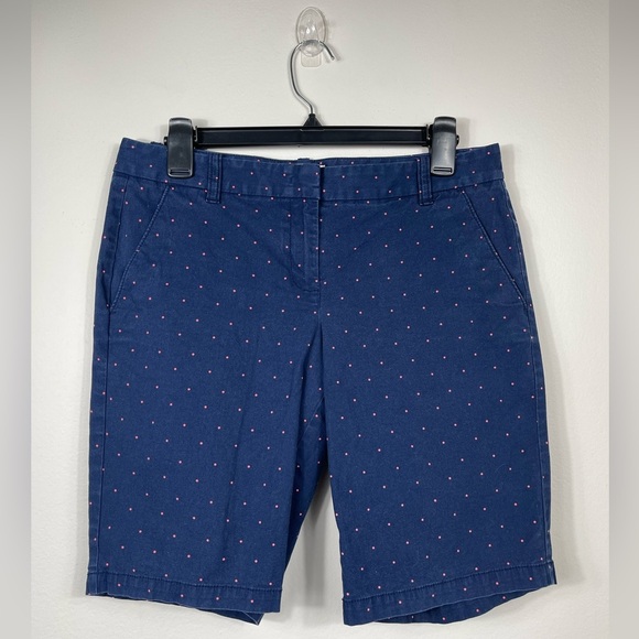 J. Crew by Bermuda Shorts Blue Pink Polka Dot Flat Front Stretch Pockets Cotton - Picture 1 of 9